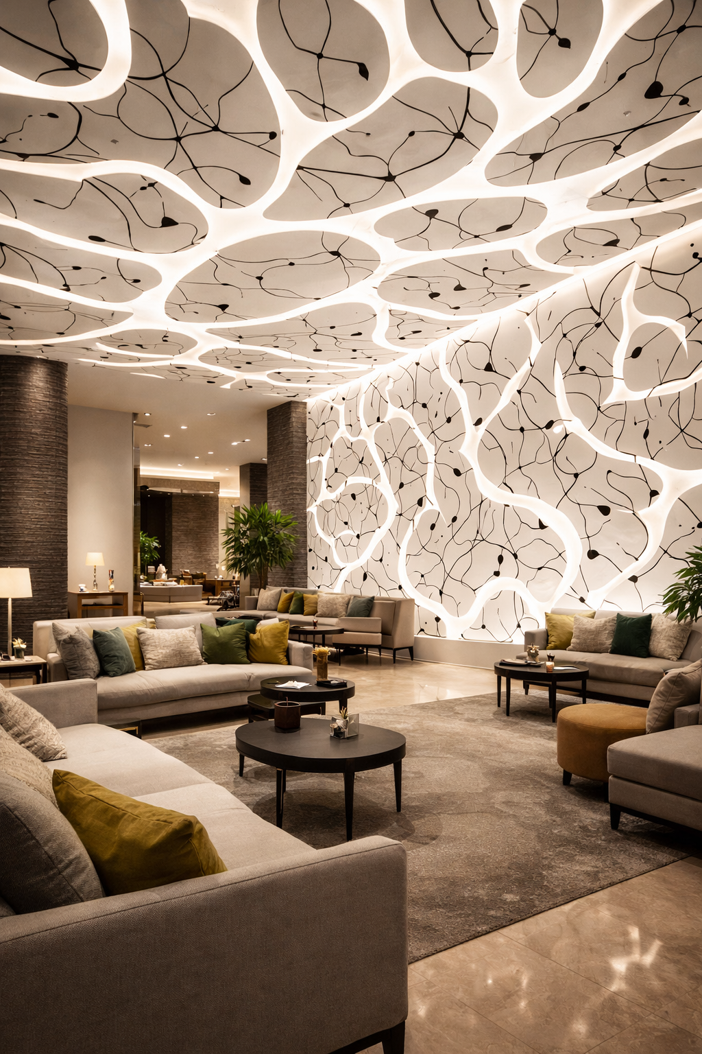 Organic sculptural ceiling and wall installation with integrated lighting in a luxury hotel lounge